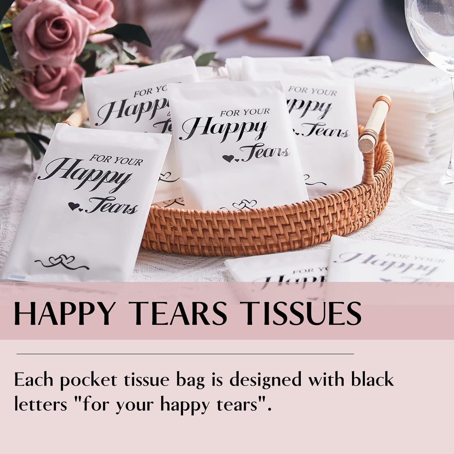 Ocmoiy Happy Tears Tissues (100-Pack) Wedding Tissues Packs for Guests Welcome Favor Bags, Bulk Individual Pocket Tissue Packs for Your Big Moments