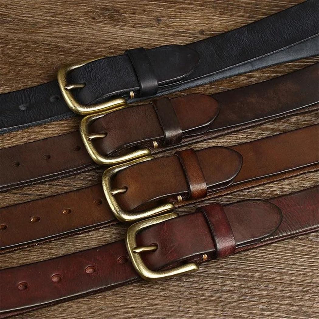 Men's Leather Belt - 3.3 cm Solid Cowhide with Copper Pin Buckle, Retro Style