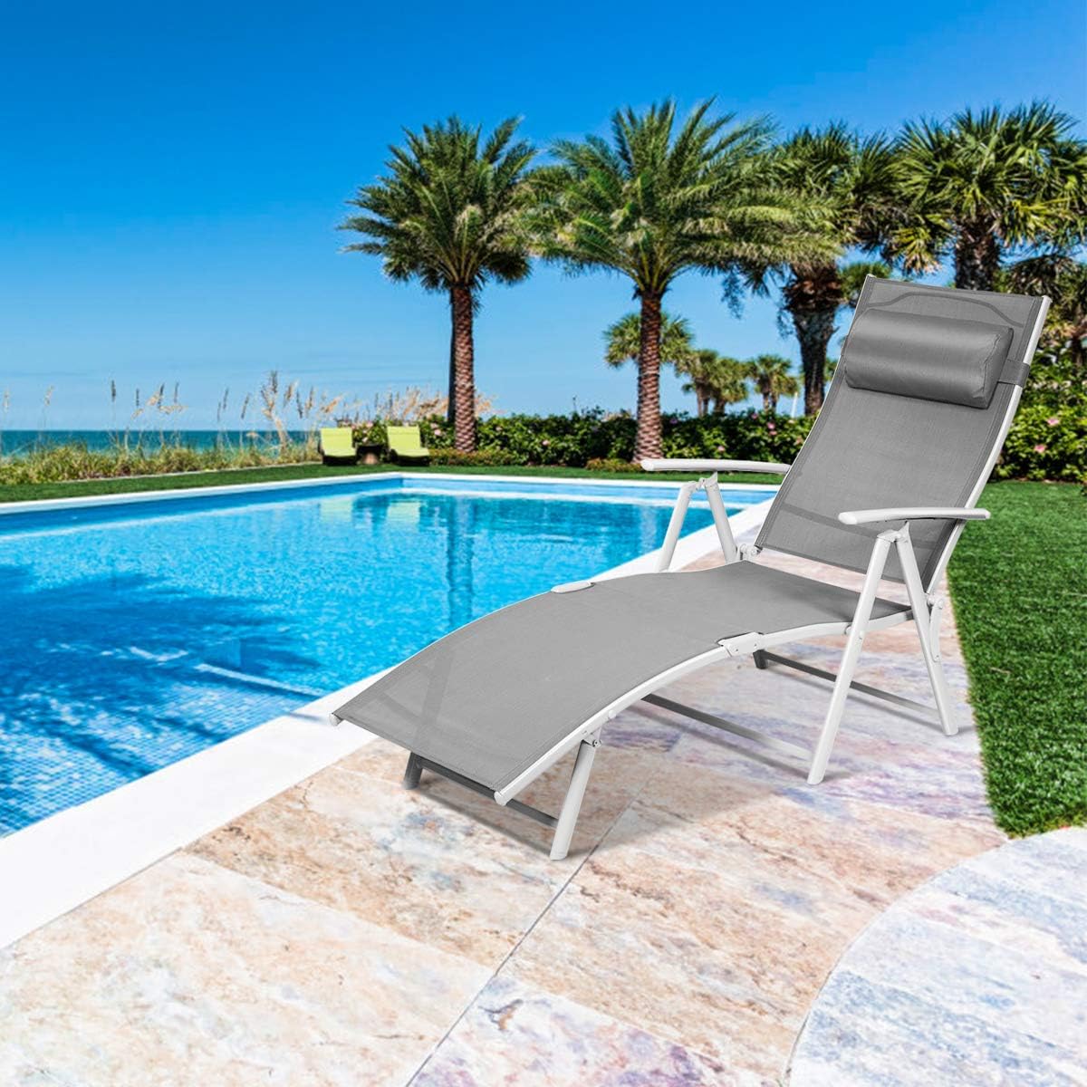 Tangkula Outdoor Folding Chaise Lounge Chair, Lightweight Recliner Chair w/ 7 Adjustable Backrest Positions, Patio Reclining Beach w/Removable Cushion & Pillow for Patio Poolside No Assembly Required