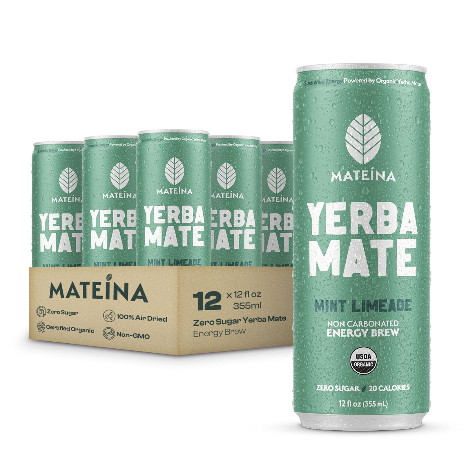 Mateina Yerba Mate Zero Sugar Energy Drink – 120mg Natural Caffeine – Organic, Non-GMO, Non-Carbonated – Dr. Andrew Huberman Recommended – 12 Pack (