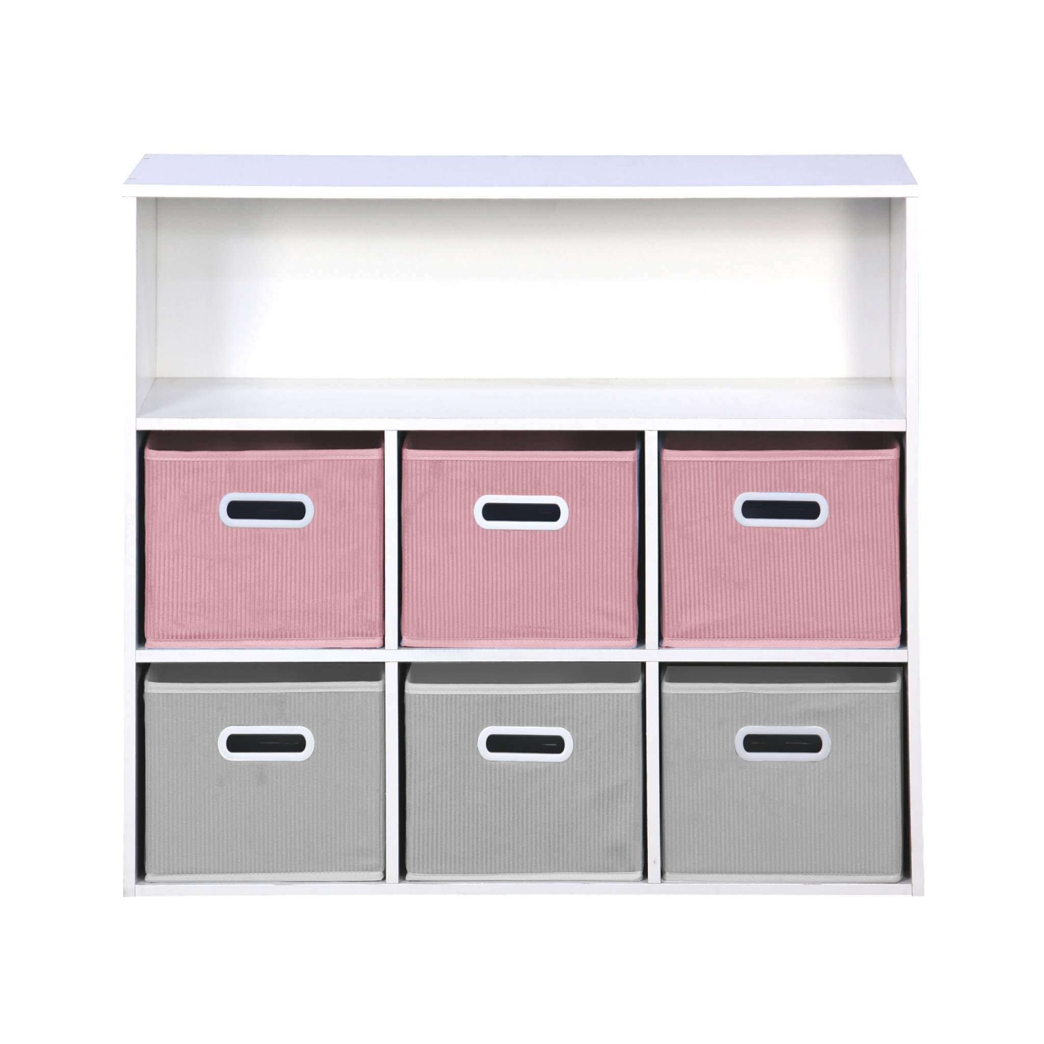 Libreria per bambini con 6 cestini in velluto, Camille, Rosa, 129.5x76.2x70 cm
