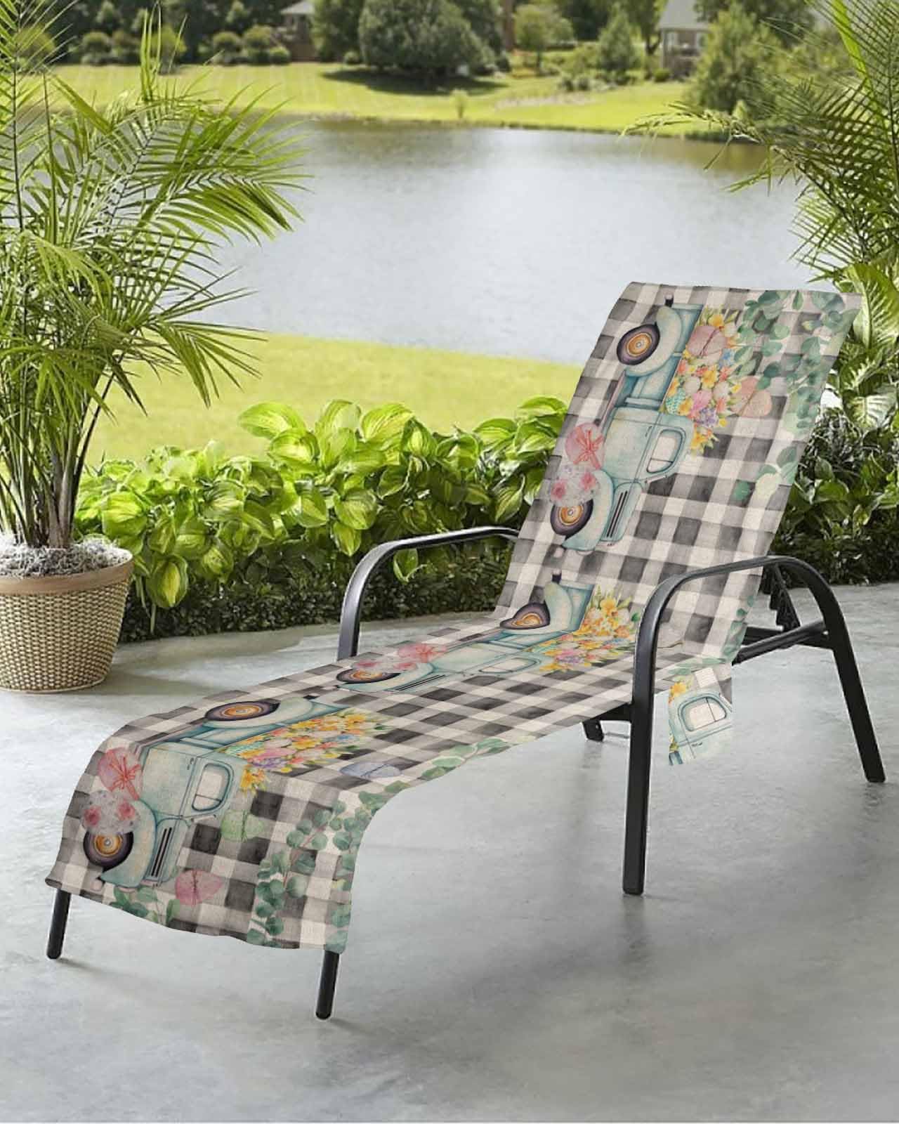 Easter Truck Plaid Beach Chair Towel Covers for Chaise Lounge with Side Pocket, Soft Plush Pool Towels Cover for Patio Sunbathing Outdoor 29''x85'' Eucalyptus Floral Eggs Buffalo Black