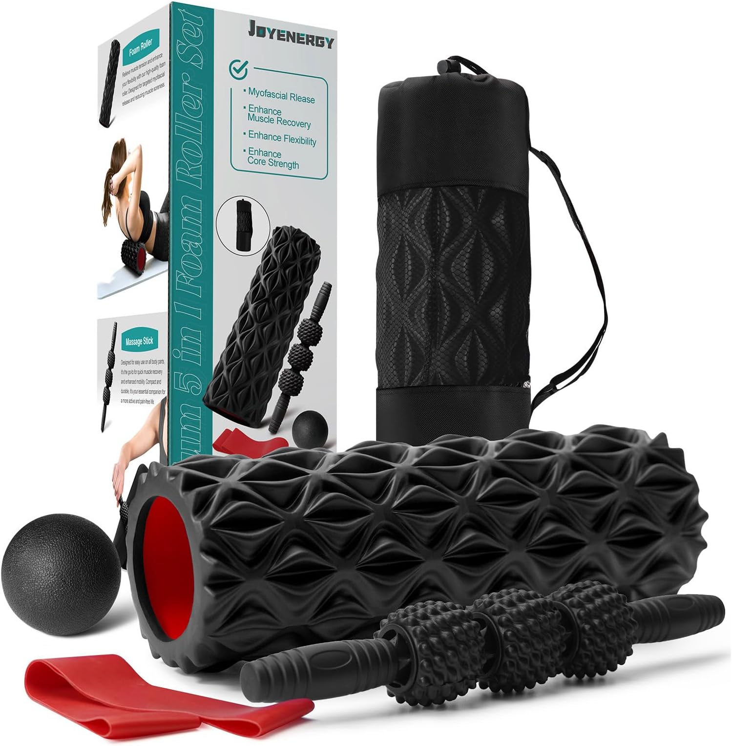 Joyenergy 5-in-1 Foam Roller Set for Deep Tissue Massage, Muscle Pain Relief, Improved Mobility, High-Density Back Roller for Whole Body Relieves Muscle Pain Muscle Massage (Black)