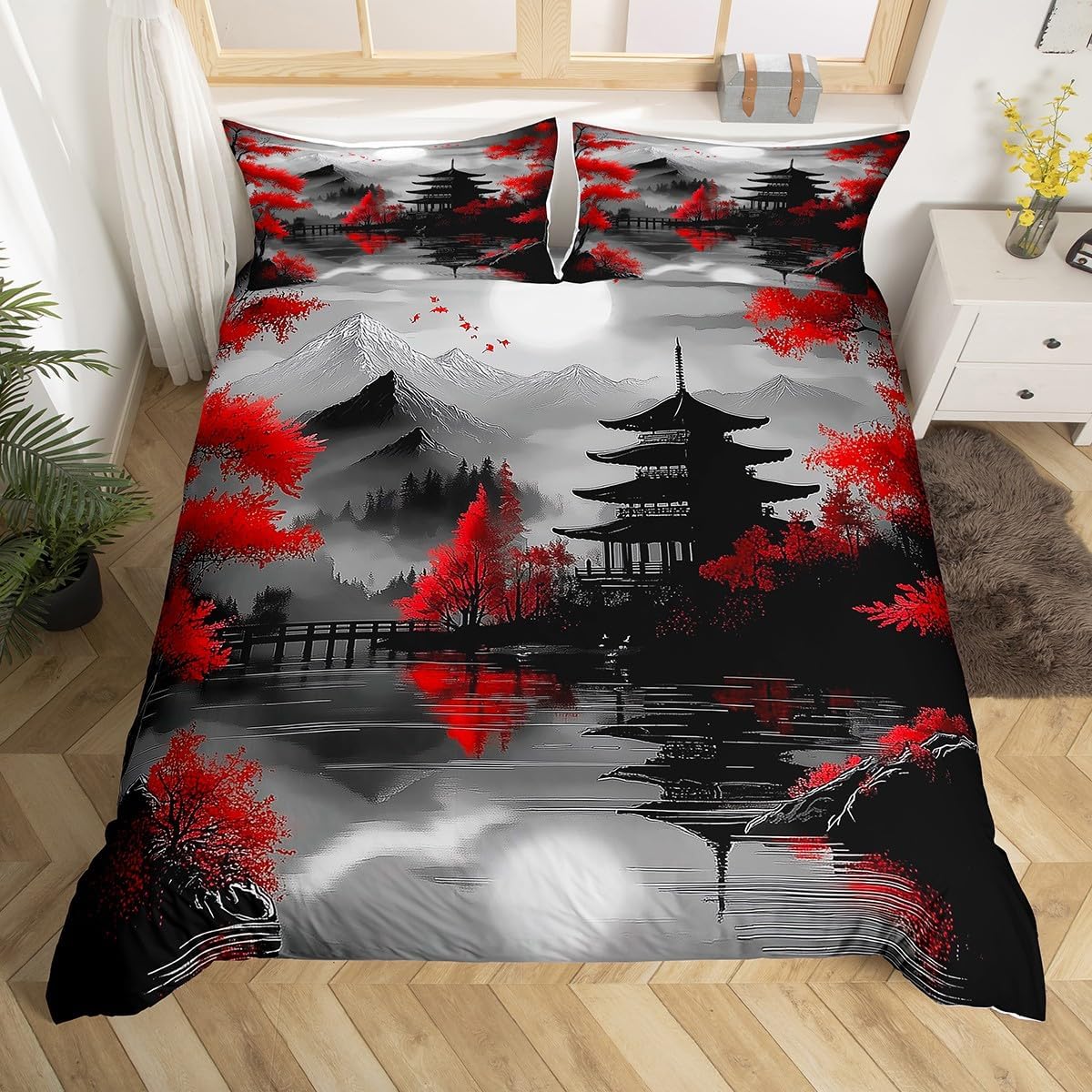 Castle Fairy Old Building Bedding Set Japanese Style Mountain Lake Bedding Duvet Cover Kids Teens Red Maple Leaves Comforter Cover Soft Polyester Bedroom Quilt Cover 2Pcs Toddler,No Comforter