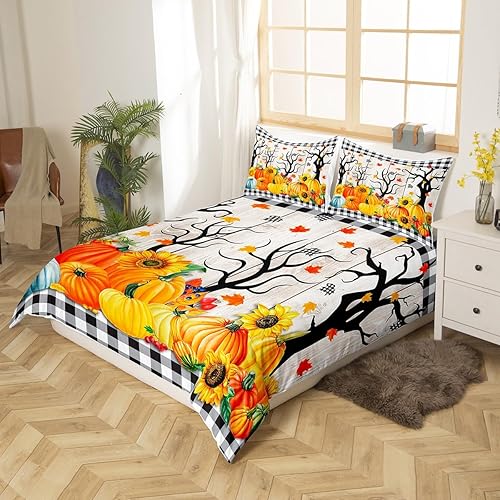 Miniatura 3 de Juego de funda de edredón para niños de cosecha de calabaza de otoño, tamaño King, girasoles y hojas de arce, decoración de habitacióncabaña, funda