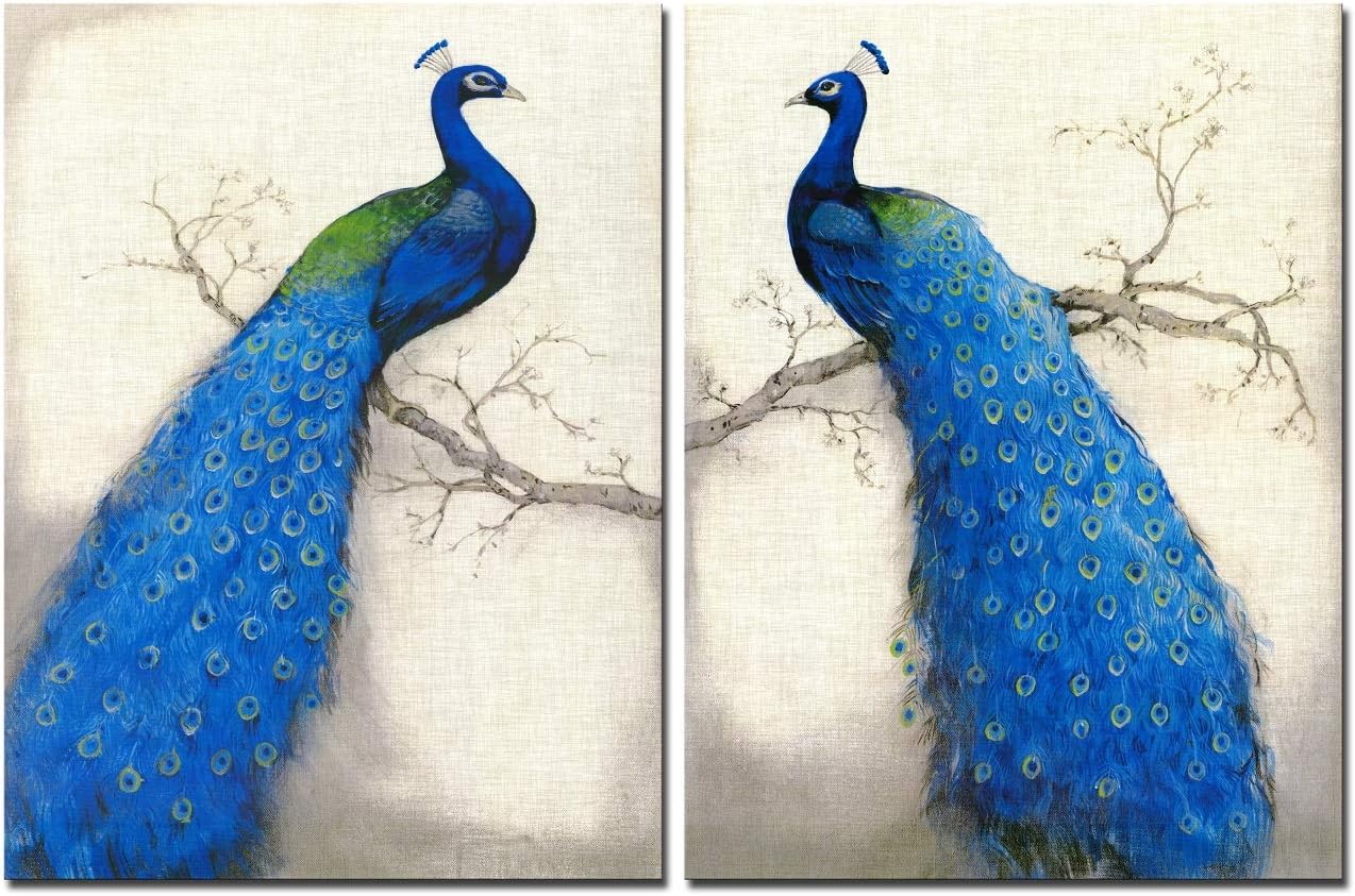 CUFUN Art - Blue Peacock Standing on a Branch Wooden Framed Picture Prints on Canvas Home Decor 12x16inx2pcs