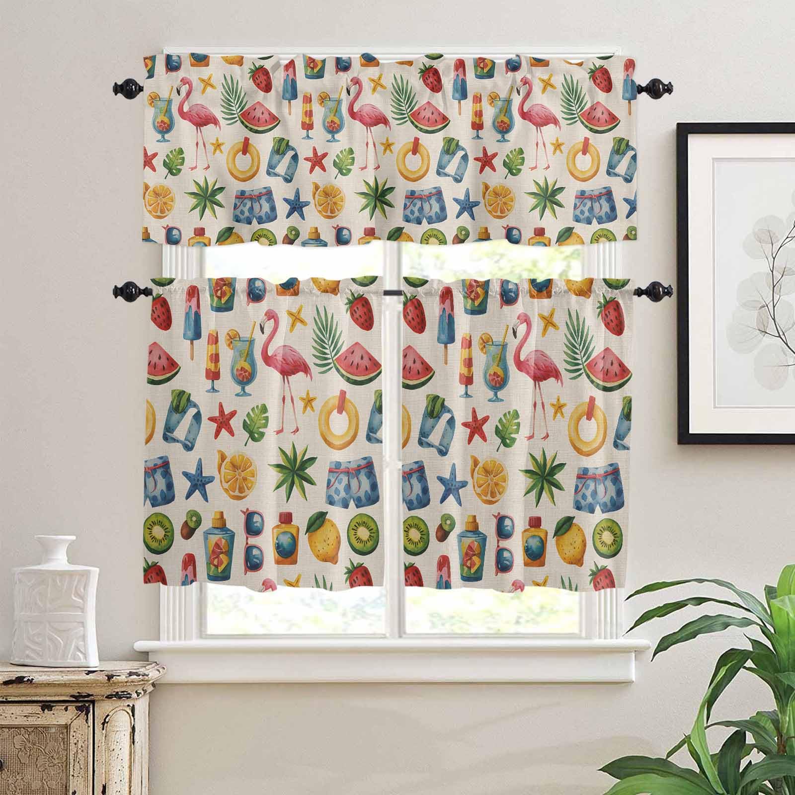 Flamingo Kitchen Curtains 24 Inch Length,3 Piece Rod Pocket Small Half Tiers and Valance Set,Tropical Coconut Leaf Watermelon Lemon Starfish Small Large Window Treatment Decor for Bedroom/Bathroom
