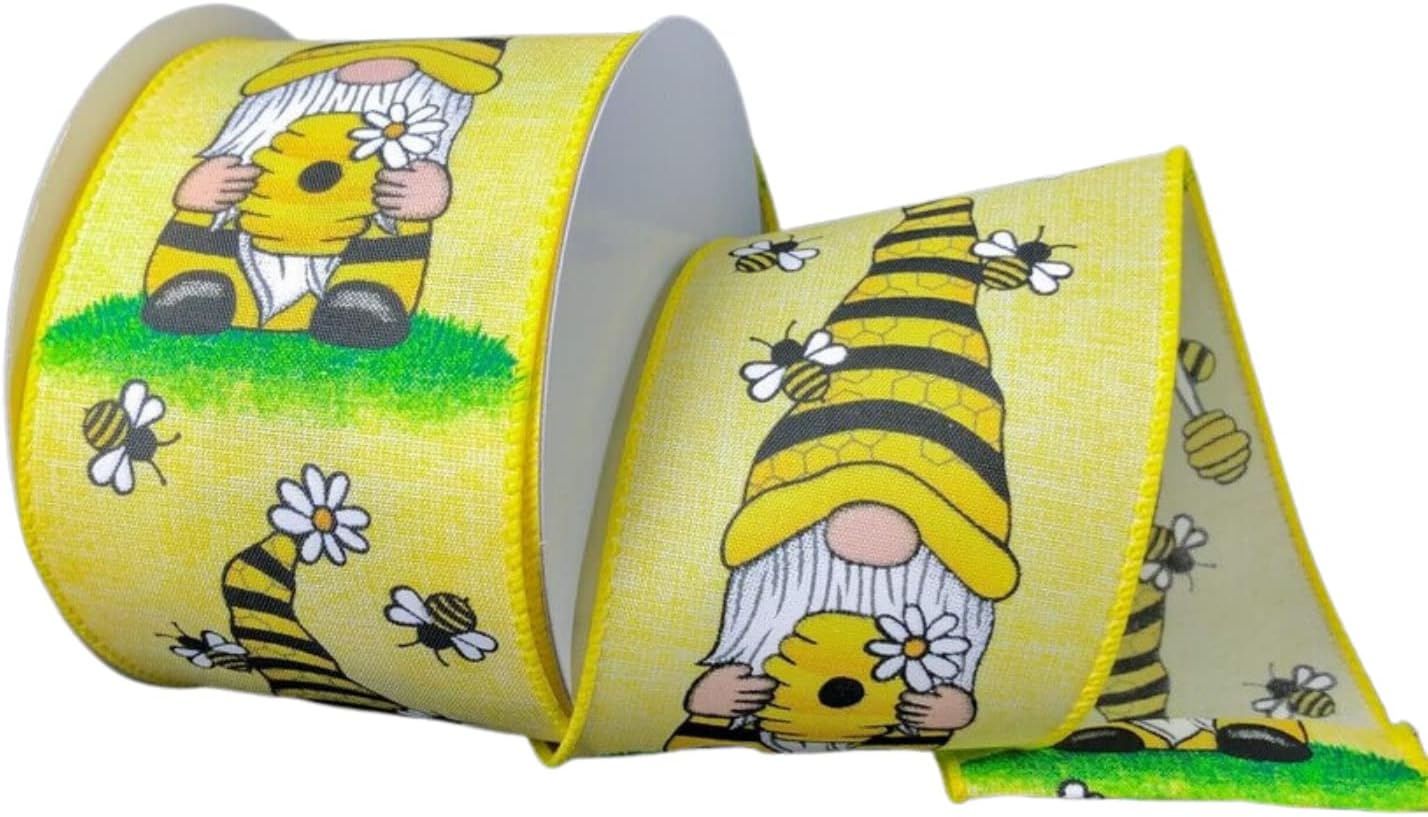 Beekeeper Gnome Spring Wired Ribbon - 10 Yards (Yellow)