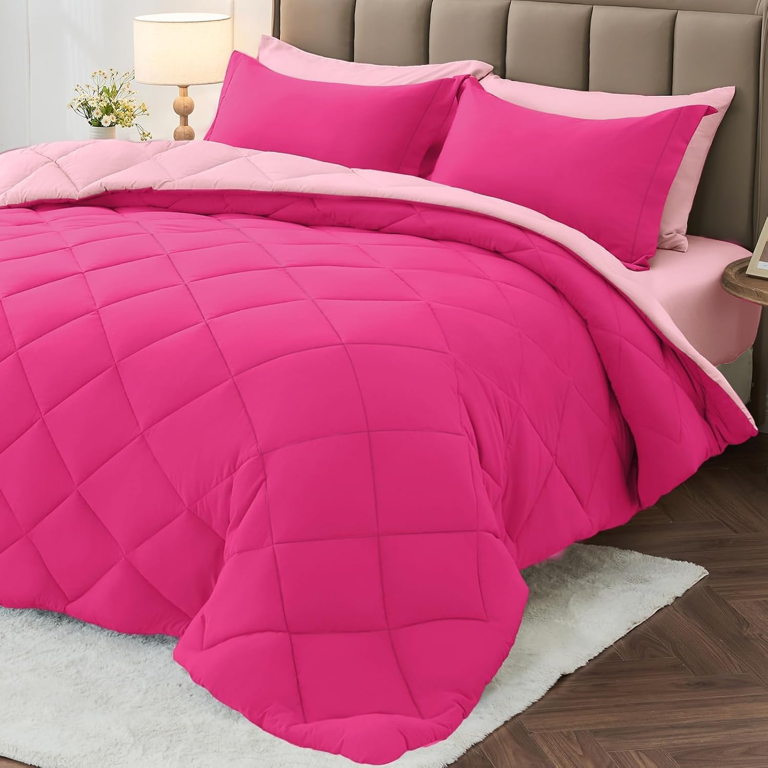 MUXHOMO 7 Pieces King Comforter Set, Reversible Bed in a Bag King Size, All Season Bedding Set with Comforter, Flat Sheet, Fitted Sheet, Pillowcases & Shams, Hot Pink & Baby Pink