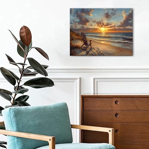 Miniatura 5 de Arte abstracto de pared de playa, puesta de sol, paisaje costero, decoración de pared, silla de playa, paisaje marino, ondas, lienzo, pintura de