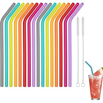 Pack of 16 Silicone Straws Reusable Silicone Straws with 2 Straws Cleaning Brushes Silicone Straws Easy to Clean for Cocktails Juices Milk Tea 8 Colours