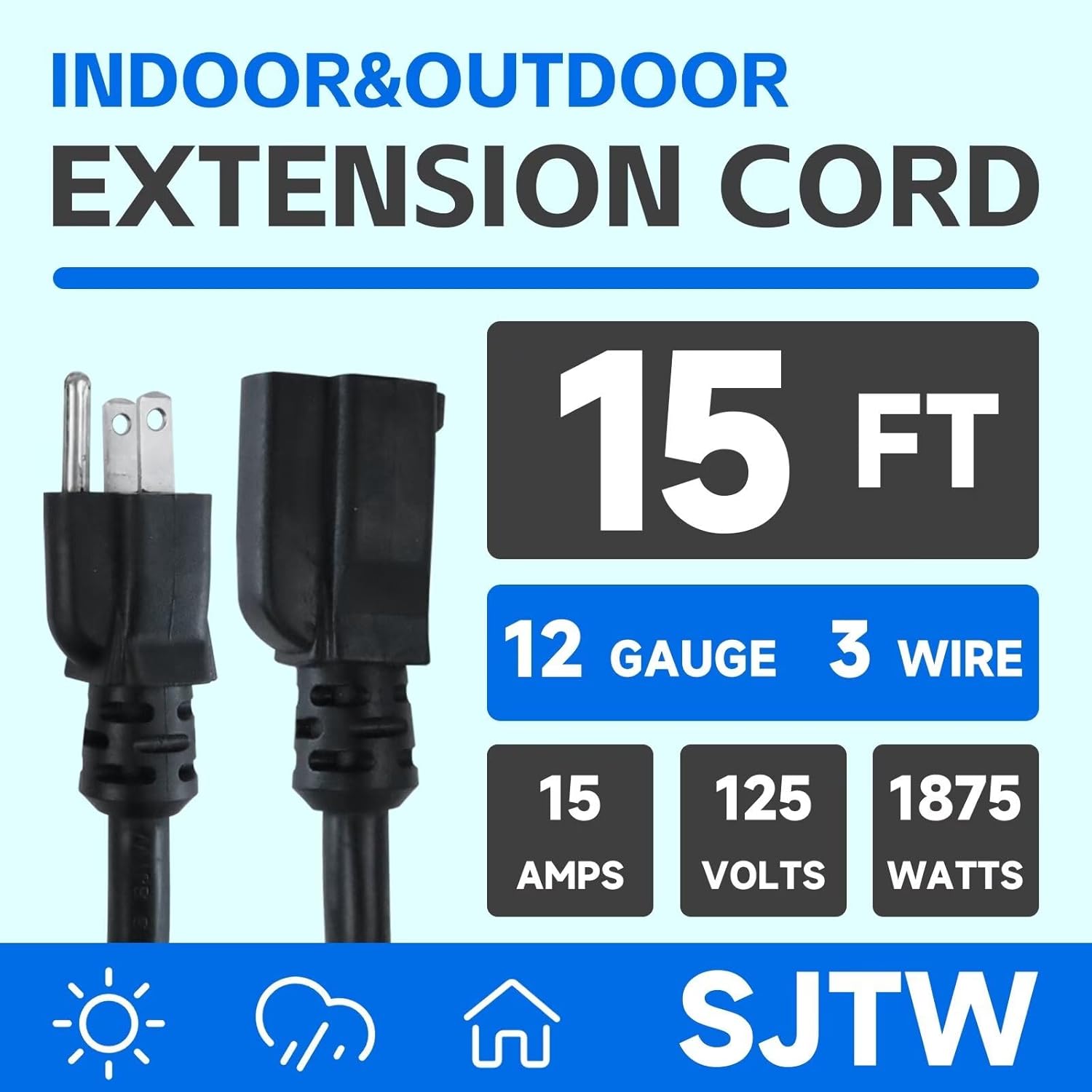 12 Gauge Heavy Duty Outdoor Extension Cord 15 Ft, Flexible Cold Resistant 3 Prong Grounded Plug Outside Extension Cable, SJTW, 15A 125V 1875W, Black, ETL Listed