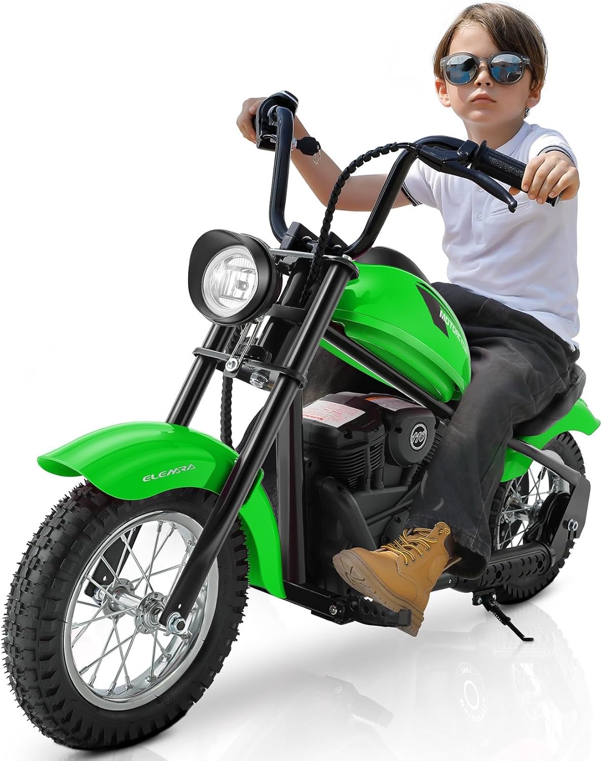 ELEMARA Electric Dirt Bike, 15 mph & 150lb Max, 24V Ride on Toy for Big Kids w/LED Lights & Power Display,Chain-Driven Motor,Twist-Grip Throttle, Shock Springs,Handbrake,12" Air-Filled Tires-Green