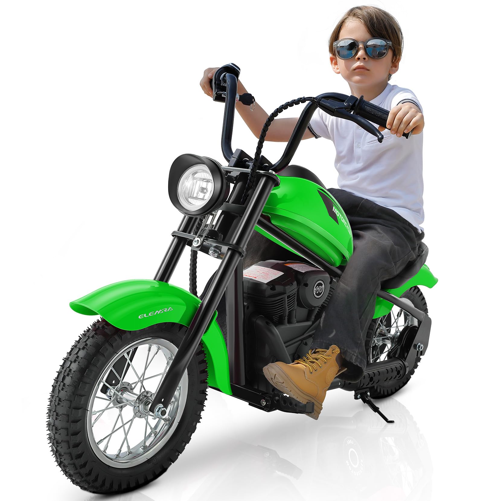 ELEMARA Electric Dirt Bike, 15 mph &amp; 150lb Max, 24V Ride on Toy for Big Kids w/LED Lights &amp; Power Display,Chain-Driven Motor,Twist-Grip Throttle, Shock Springs,Handbrake,12" Air-Filled Tires-Green