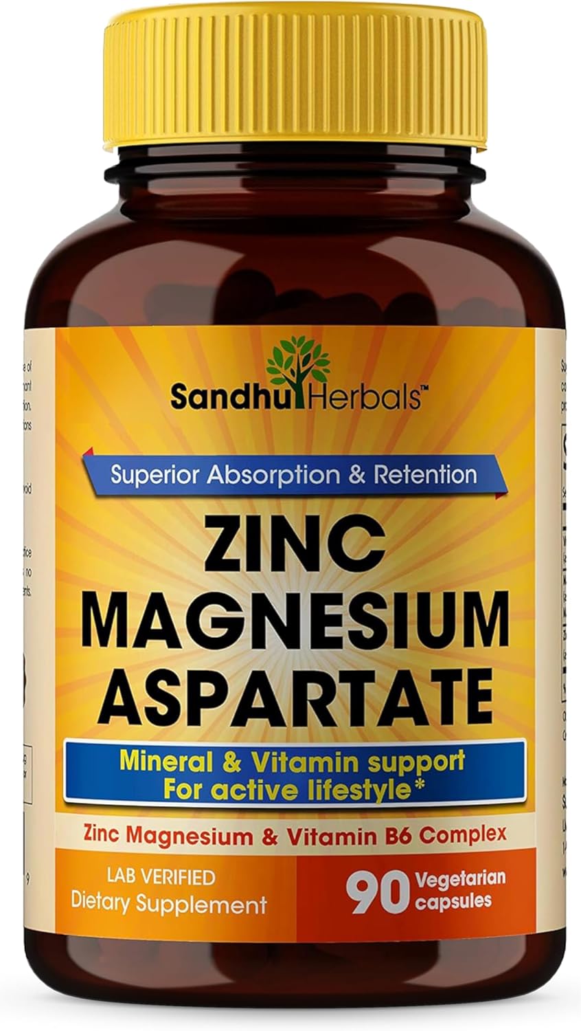 Sandhu Herbals Zinc Magnesium Aspartate Supplement 90 Capsules| Made in The USA| Recovery & Sleep Supplement, Promotes Muscle Recovery, Immune Support & Restorative Sleep with Vitamin B6