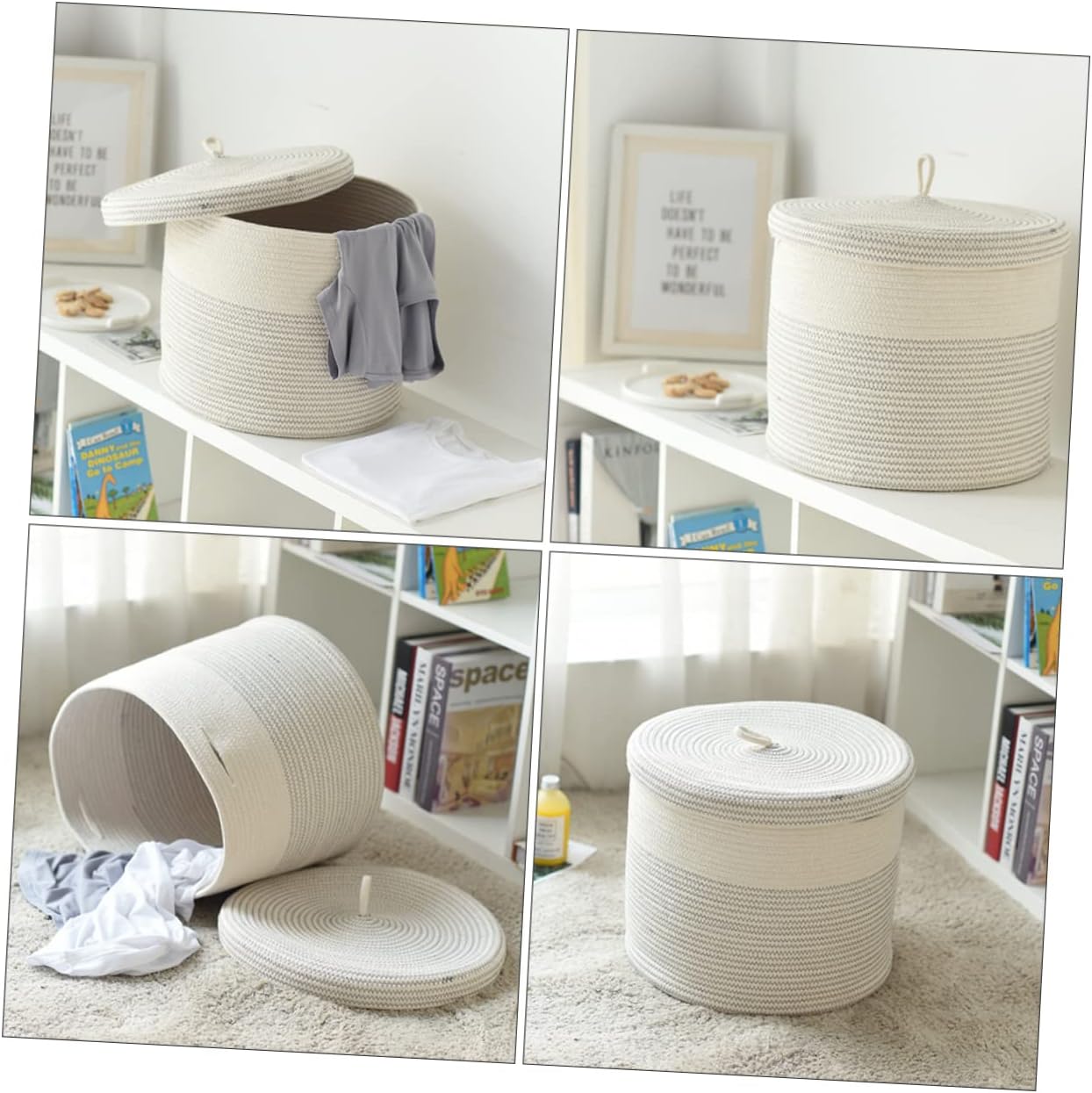 Healifty Foldable Laundry Basket with Lid Large Capacity Folding Storage Basket for Clothes Home Organizer Cotton Rope Woven Hamper for Bedroom Living