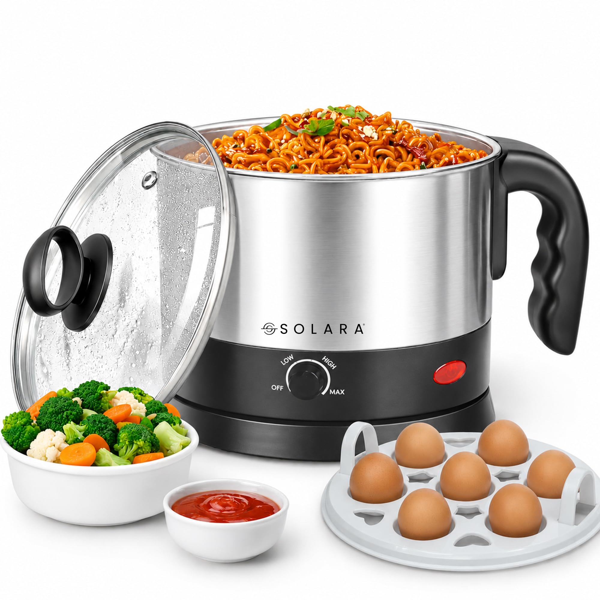SOLARA Multipurpose Electric Kettle 1.5 Litre, 600 Watts, Stainless Steel Body with Glass Lid, 3 Boiling Modes, for Hot Water, Milk, Tea, Coffee, Cooking Oats, Noodles, Soup, Egg Boiler Machine-Black-image-11