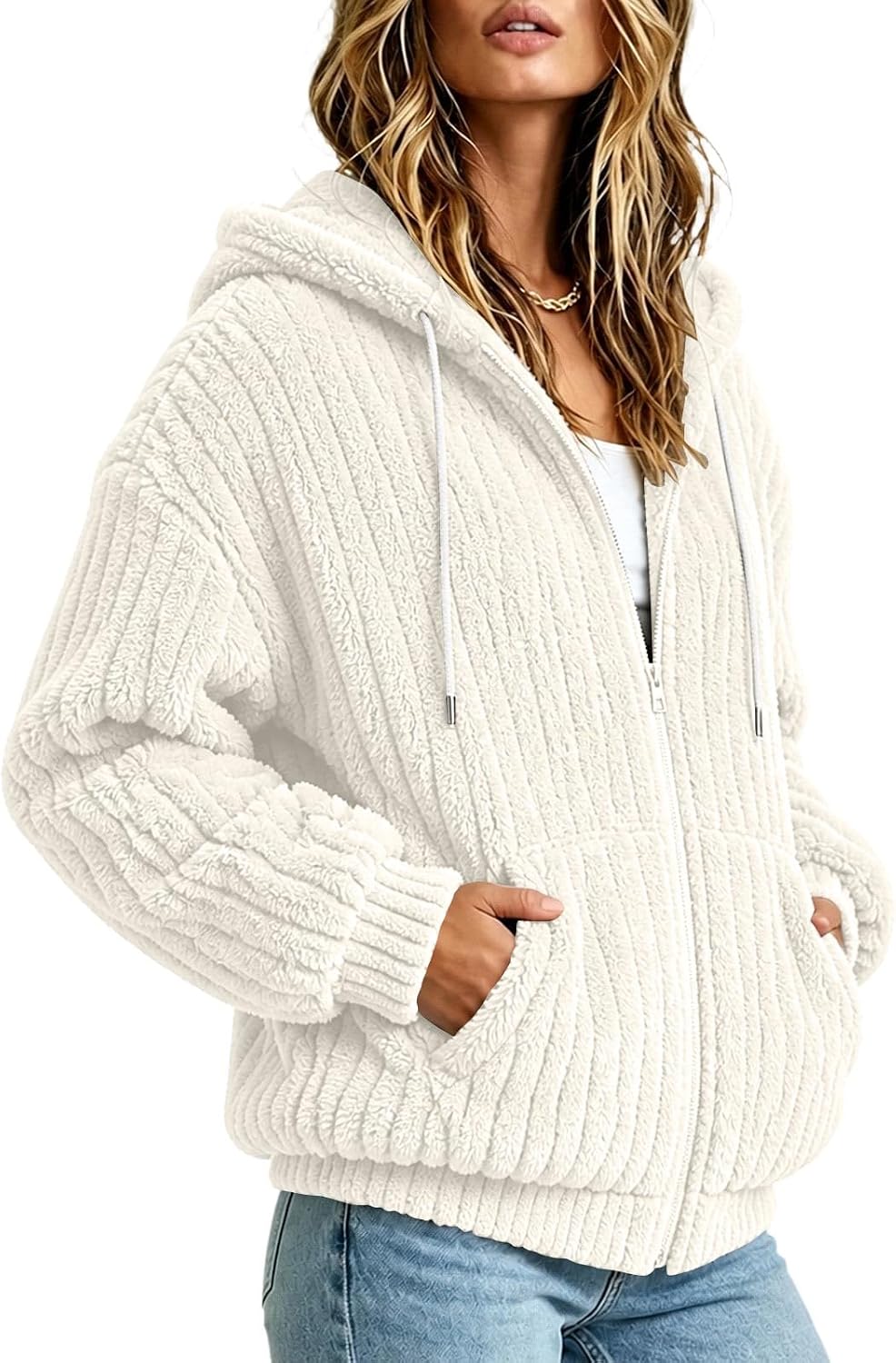 Women Zip Up Fleece Jacket Fluffy Winter Coat Casual Outerwear