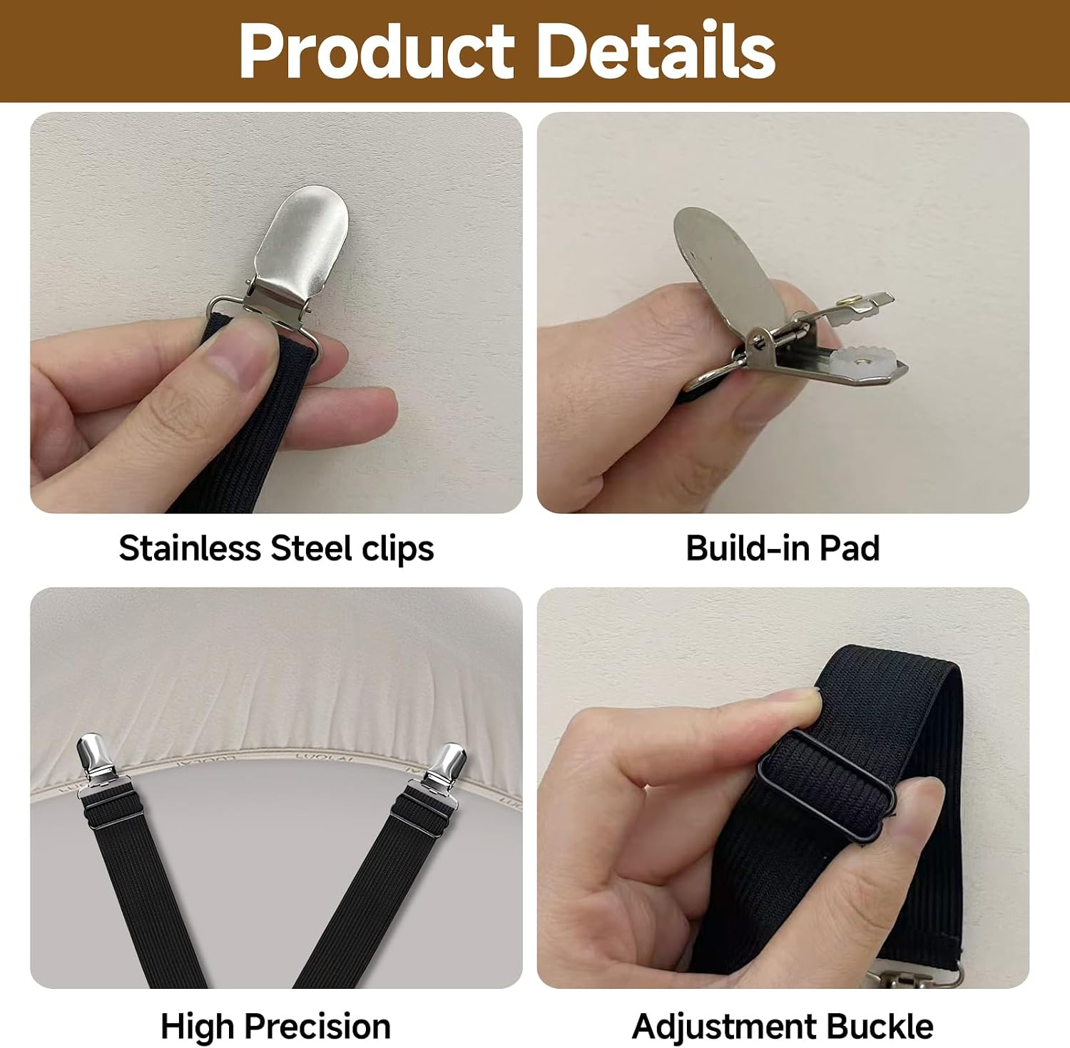 6PCS Heavy Duty Sheet Clips - Adjustable Elastic Mattress Straps Clips to Hold Sheets in Place, Fits 15" to 75" Mattresses, Secure Sheet Clips(Black),Father Day,Graduation Gift