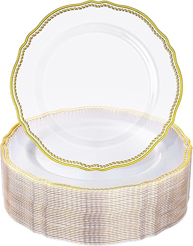 Miniatura 47 de Hioasis 60 platos de plástico dorados, vajilla desechable blanca y dorada con borde dorado, resistente, 10.25 pulgadas, platos llanos para fiestas