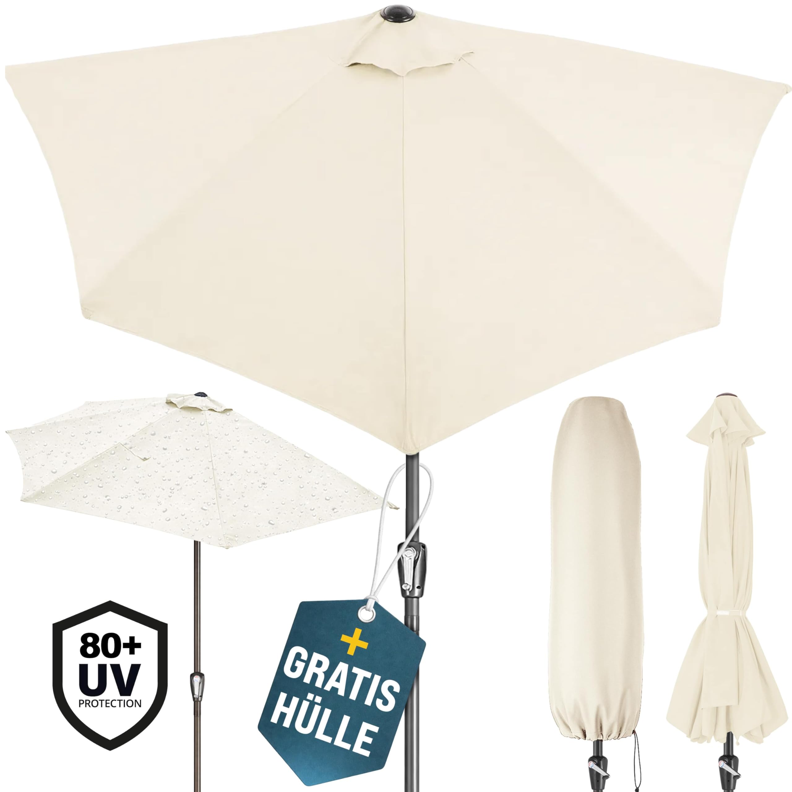 Kingsleeve® Demi-parasol Ø 270 cm crème Parasol de balcon terrasse avec manivelle Pare-soleil Protection solaire UV 50+