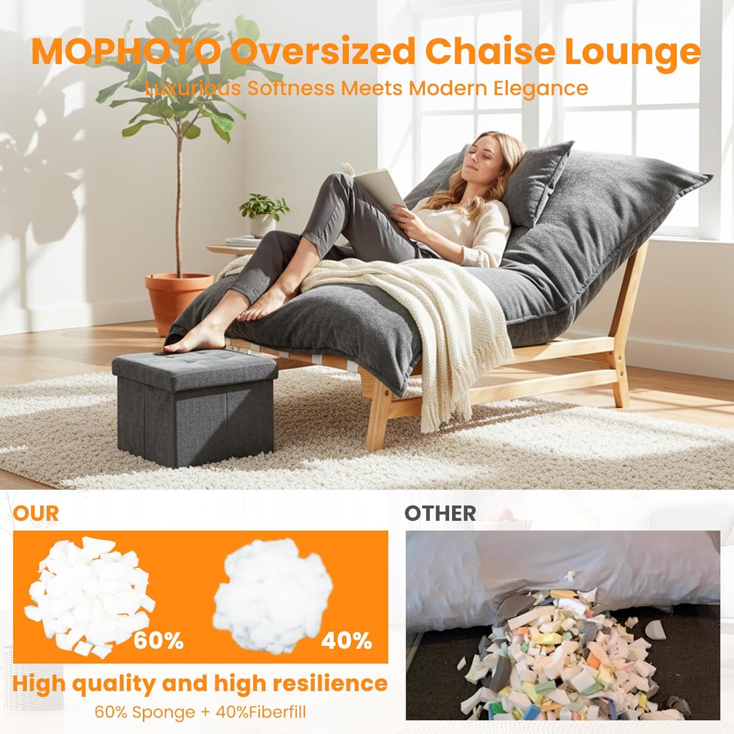 MOPHOTO Oversized Chaise Lounge Chair with Ottoman, Multi-Functional Upholstered Recliner Chair, Comfy Accent Chair with Storage Footrest & Pillow for Living Room, Bedroom & Reading (Grey