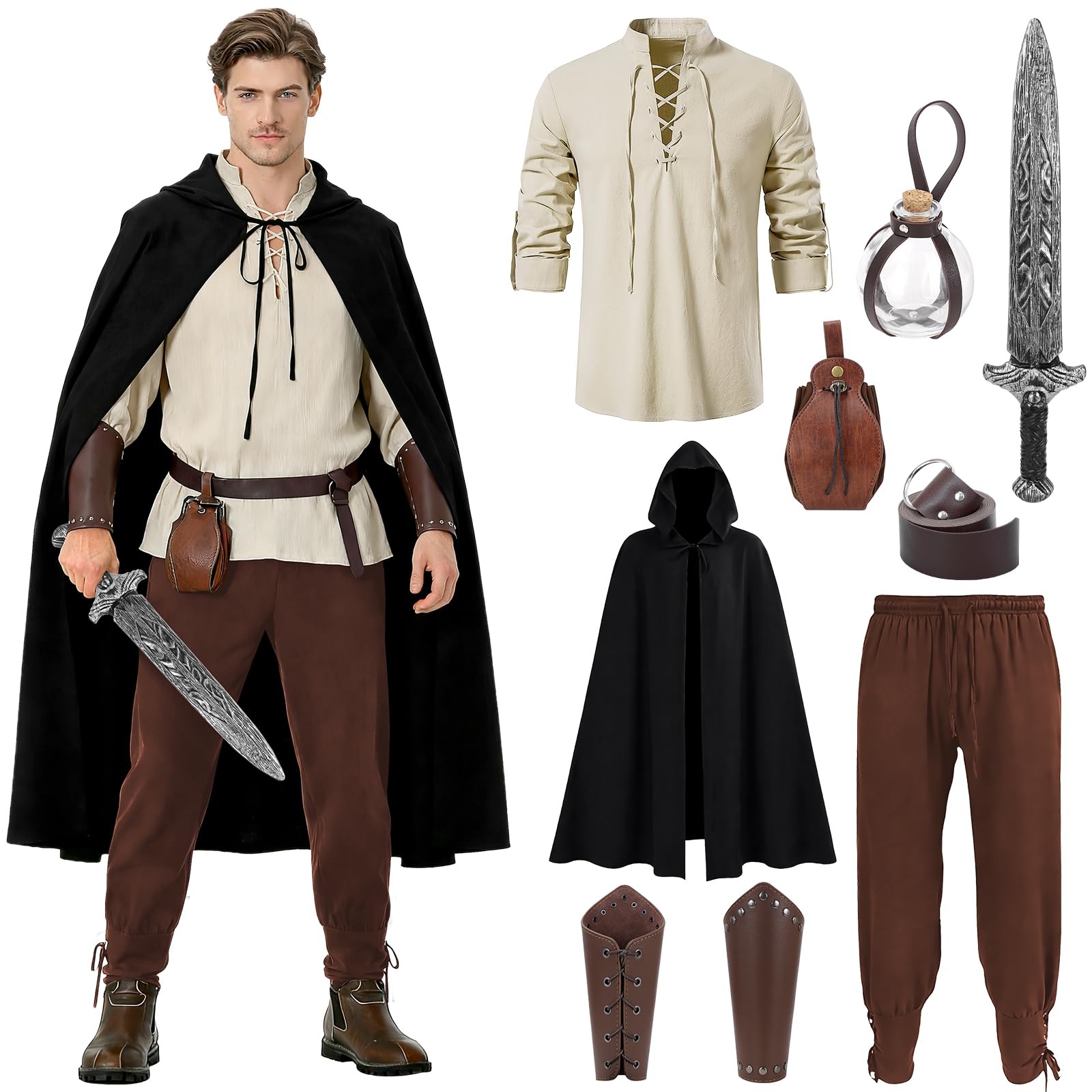 XJGQZ 9-Piece Ren Faire Fancy Dress Men, Renaissance Viking Outfit Set for Men, Medieval Pirate Accessories Elf Hunter Trousers Full Outfit (Brown, M)