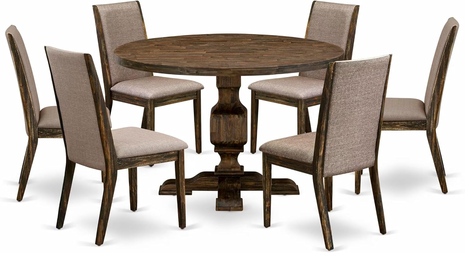 East West Furniture I3LA7-716 7 Piece Dining Room Table Set Consist of a Round Kitchen Table with Pedestal and 6 Dark Khaki Linen Fabric Parson Dining Chairs, 48x48 Inch, Distressed Jacobean