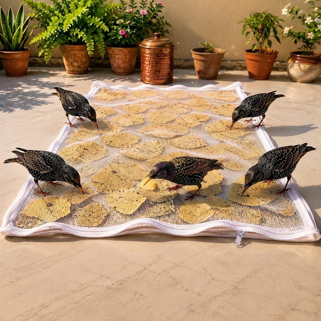 Large Pure Cotton Papad & Vadagam Drying Cloth with Protective Zipper Net Cover | Reusable Breathable SunDrying Sheet for Spices, Millets, Grains Indoor Outdoor Terrace Food Mat, Pack of 1 Size 48*36-picture-11