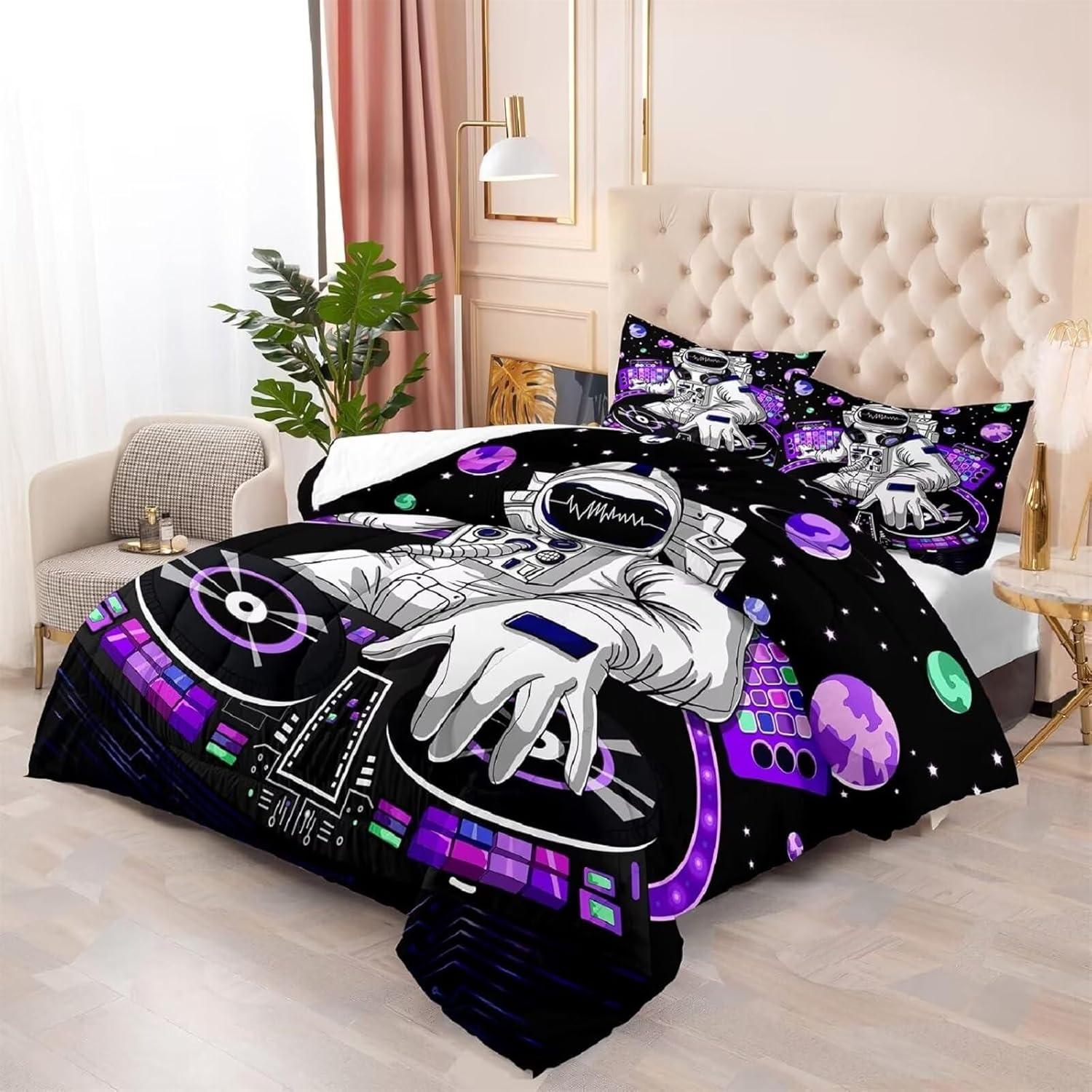 kxry Space Astronaut Galaxy Comforter Sets Twin Size Outer Space Themed Bedroom Decor Bedding Sets Black and Purple Bedding Quilt for Kids Teen Girls 1 Comforter+ 1 Pillowcase