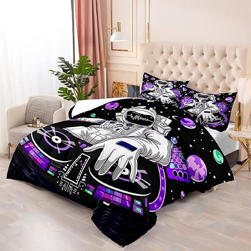 Miniatura 2 de kxry Juego de edredón de galaxia 3D azul y morado, tamaño individual, espacio exterior, cielo estrellado, universo para niñas, adolescentes y niños,