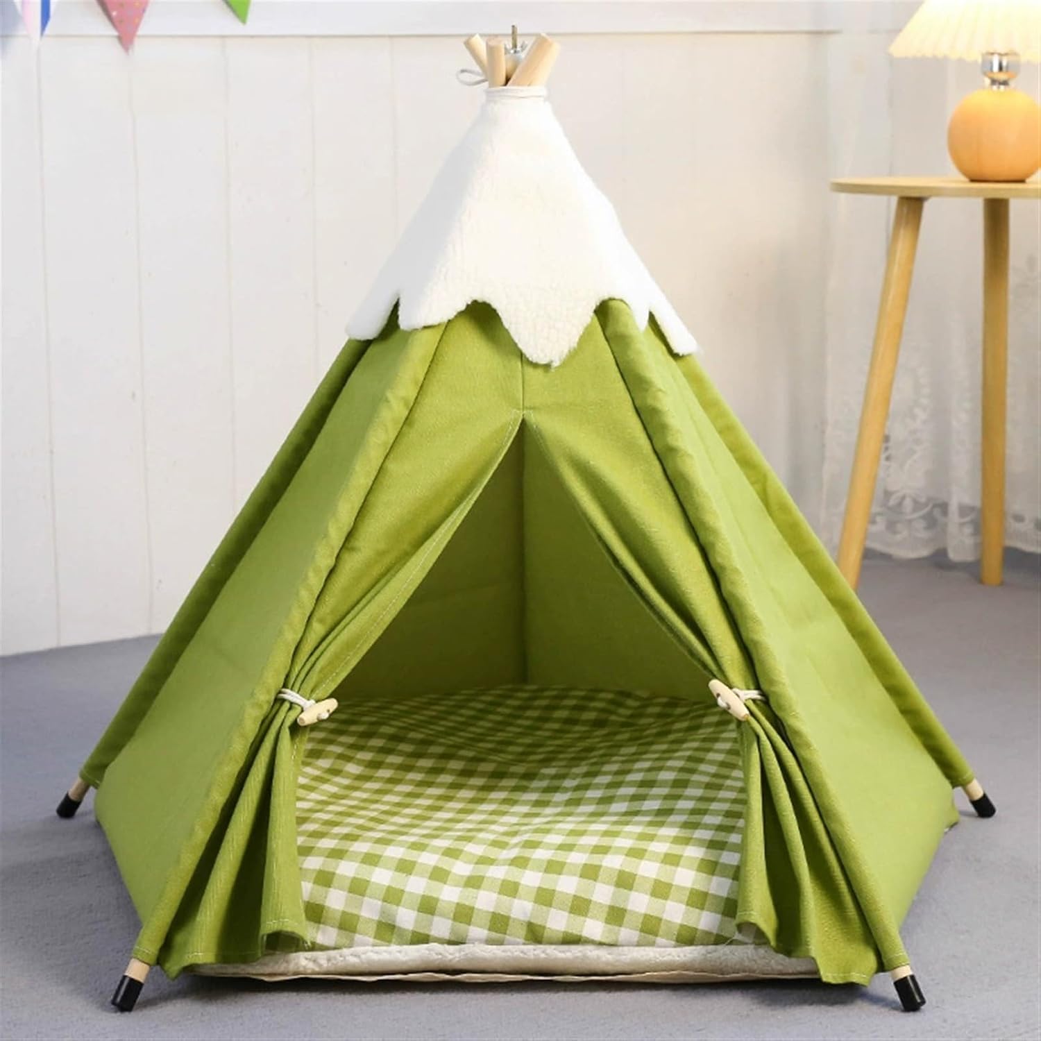 GIBZ Pet Teepee Tent with Removable Cushion Cute Dog Play House Washable Easy Assemble Cat Enclosed Bed for Indoor Outdoor, Green, S