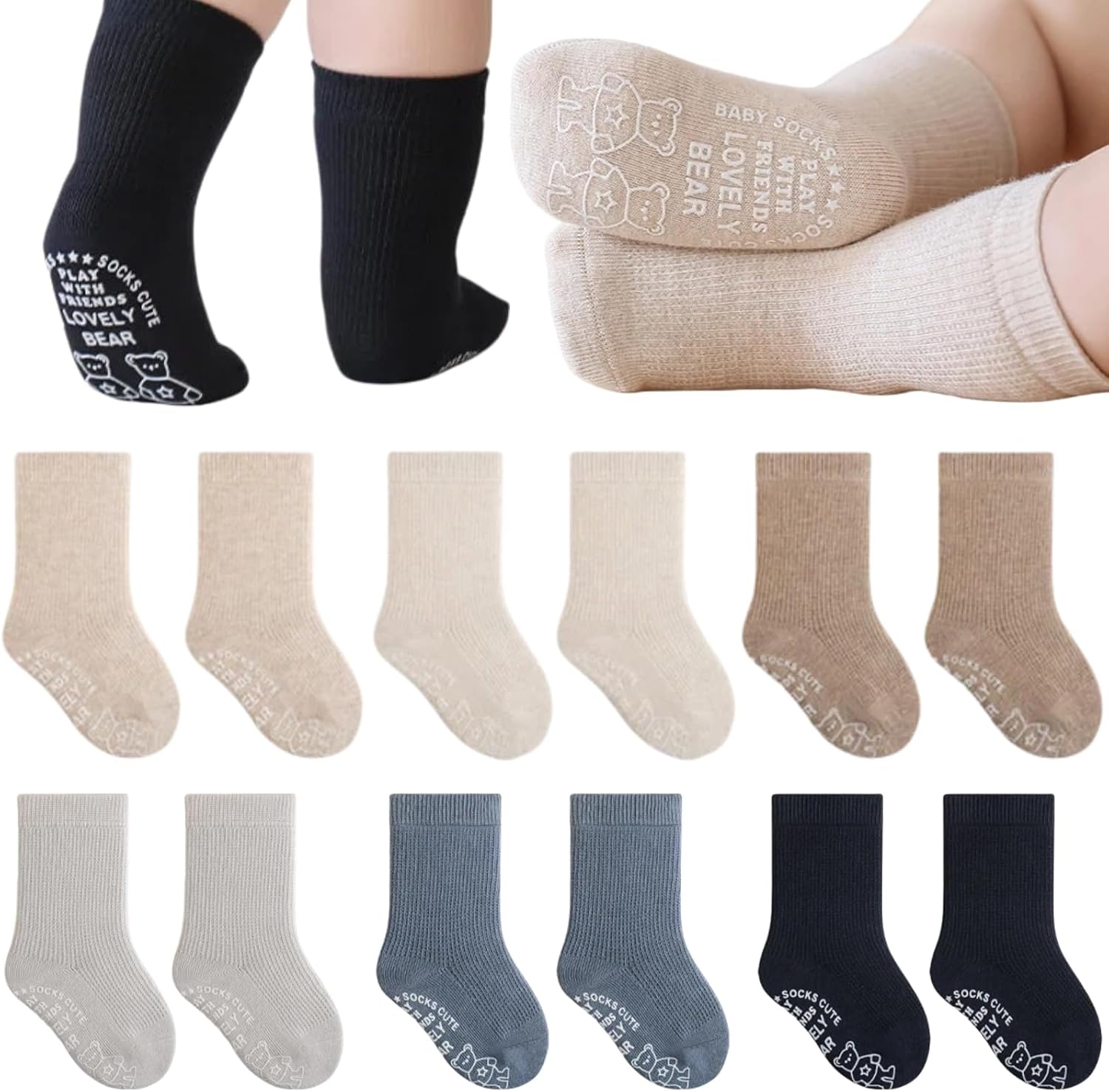 Toddler Grip Socks Baby Non Slip Crew Socks with Grippers Seamless Ankle Socks for Boys Girls Infants Kids 6 Pairs