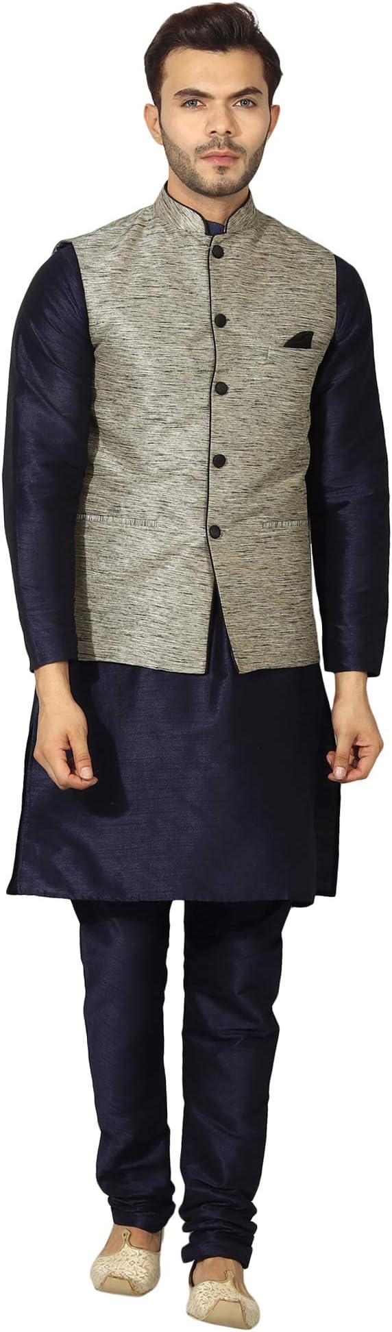 Uri and MacKenzie Men's Silk Blend Regular Kurta Churidar Pyjama with Bundi Nehru Jacket/Waistcoat