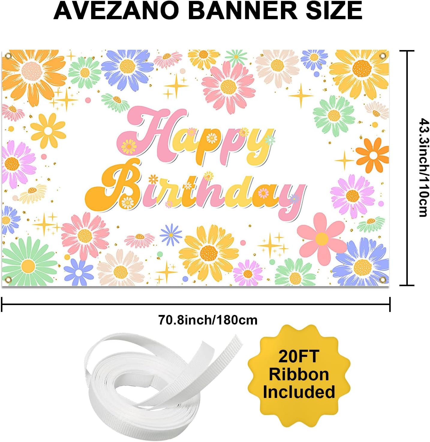 Avezano Groovy Daisy Birthday Banner Daisy Flower Birthday Party Decorations Retro Hippies Flower Happy Bday Backdrop for Girl 70.8 x 43.3 Inch