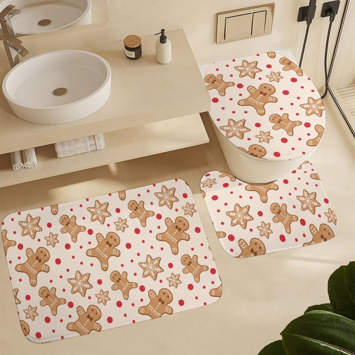 Gingerbread Men Candies 4Pcs Shower Curtain Sets with Non-Slip Rugs,Toilet Lid Cover and Bath Mat,Waterproof Shower Curtains Bathroom Decor
