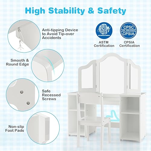 Miniatura 6 de HONEY JOY Mesa de tocador rosa para niños, tocador de princesa con espejo triple plegable, estantes de almacenamiento abiertos, juego de mesa y