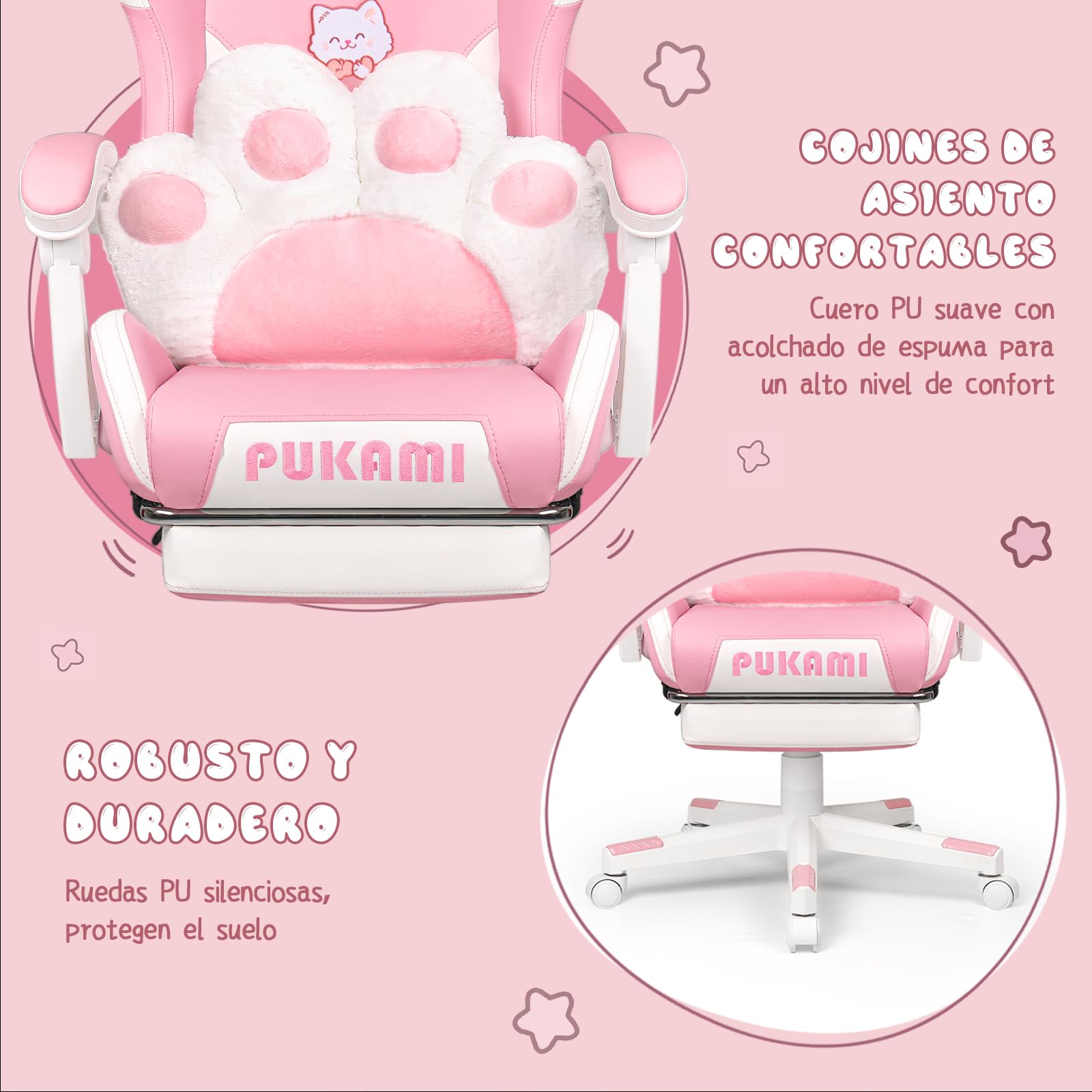 Waleaf Silla Gamer Rosa, Silla Gaming Ergonómica con Reposapiés y Soporte Lumbar, Reclinable 145°, Altura Ajustable, Ruedas Giratorias 360°, Sillón de Oficina y Estudio