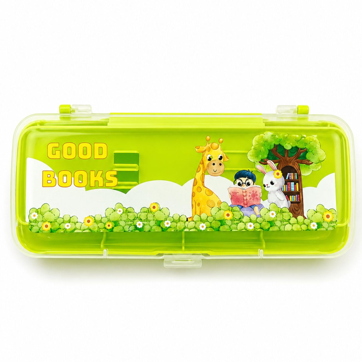 Big Doodle Pencil Box for Kids | Large Capacity School Pencil Case | Sliding Compartment Organizer | Durable Plastic Pencil Box | Cartoon Storage Box for Boys & Girls (Green)-image-38