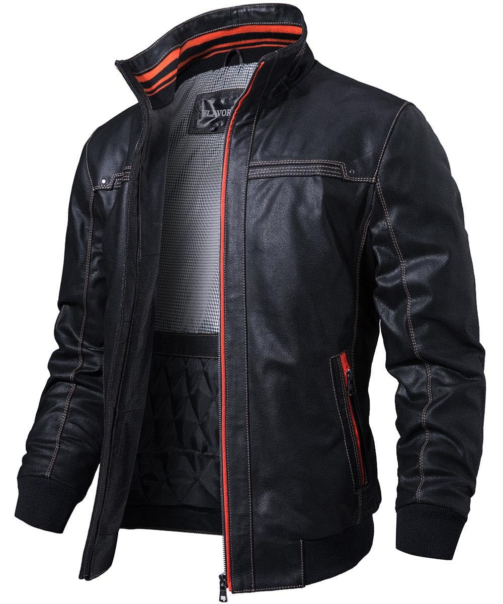 FLAVOR Herren Echtes Leder Lederjacke Stehkragen Jacken