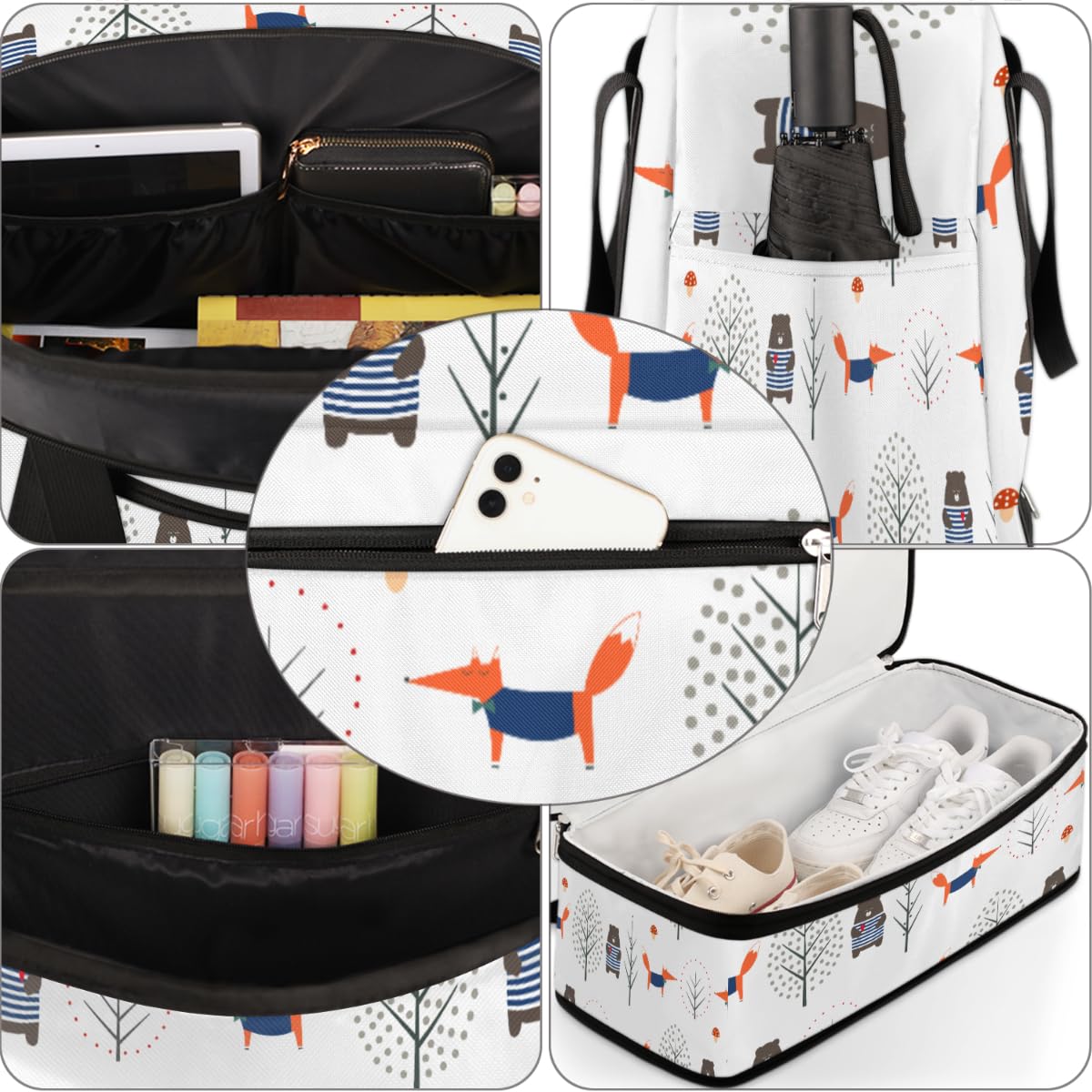 Fox Bear Forest - Borsone da viaggio pieghevole, 47 l, con maniche a trolley, borsa a tracolla separata bagnata per sport, palestra, viaggi, Multi, 47L, Borsone da viaggio