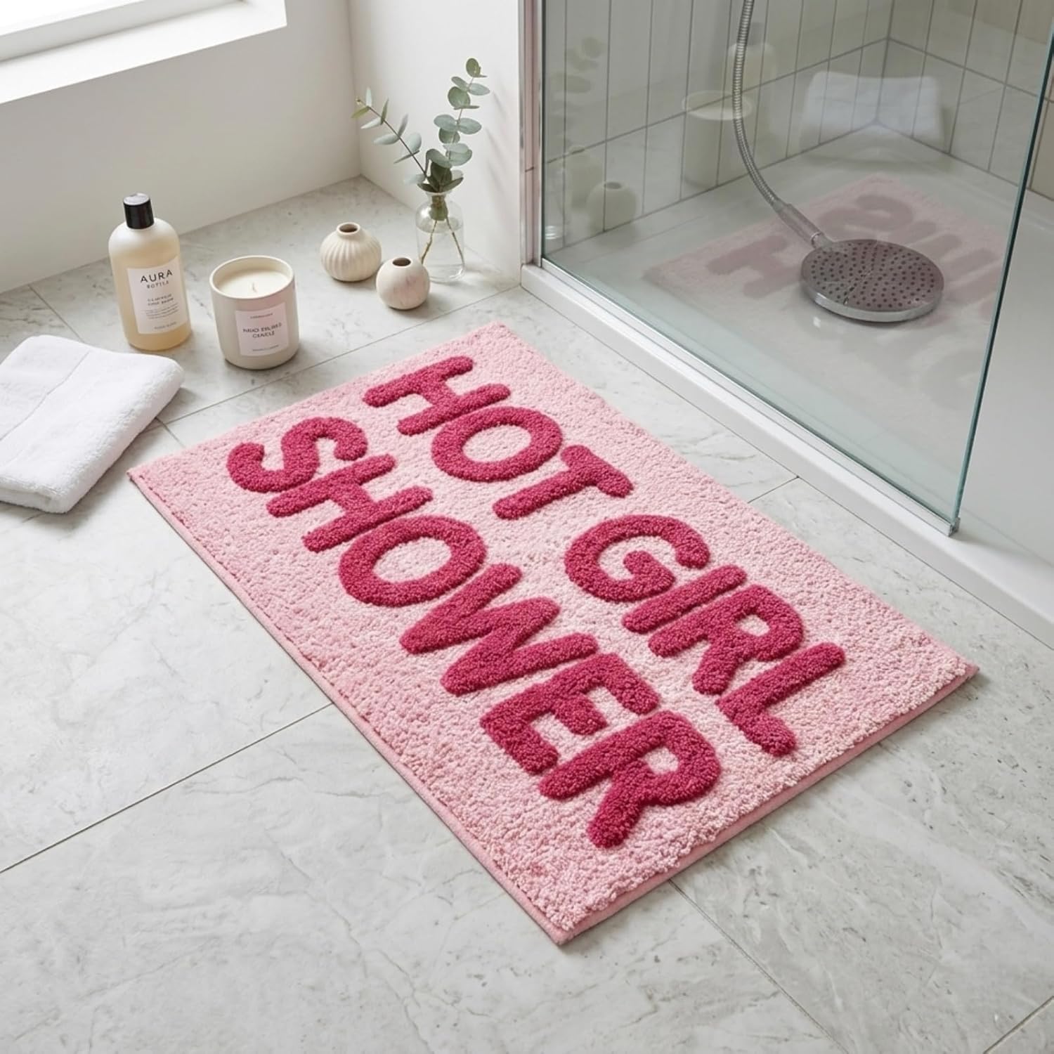 Hot Girl Shower Bath Mat - Cute Pink Tufted Bathroom Rug, Soft Absorbent Flocked Microfiber Floor Mat, Non-Slip Washable Aesthetic Decor for Bathroom, Bedroom, Dorm - 30"x20"