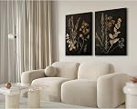 Vintage Floral Wall Art Decor Black Botanical Canvas Art Moody Flower Wall Art Dark Academia Poster Painting Vintage Floral Prints Pictures for Bedroom Living Room 16x24 Inch Framed Set of 2