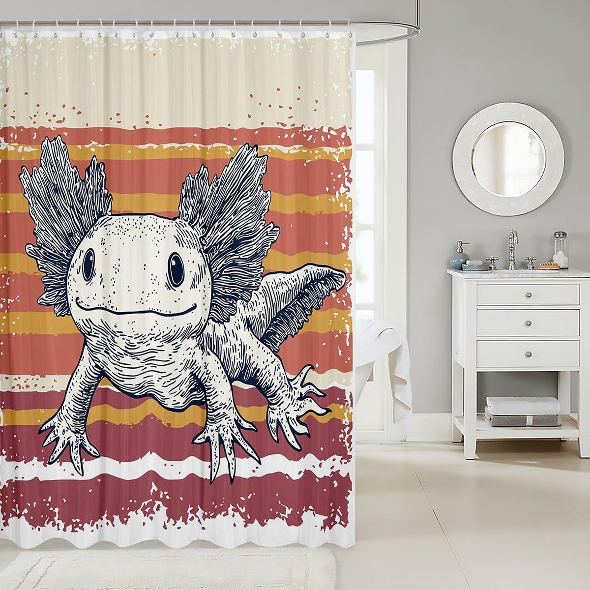 White Axolotl Shower Curtain Cute Axolotl Bath Curtain Kawaii Wildlife Animals Pet Bathroom Sets Accessories For Kids Boys Girls Decor Gift Rainbow Striped Cartoon Bath Curtain 72" W x 78" L
