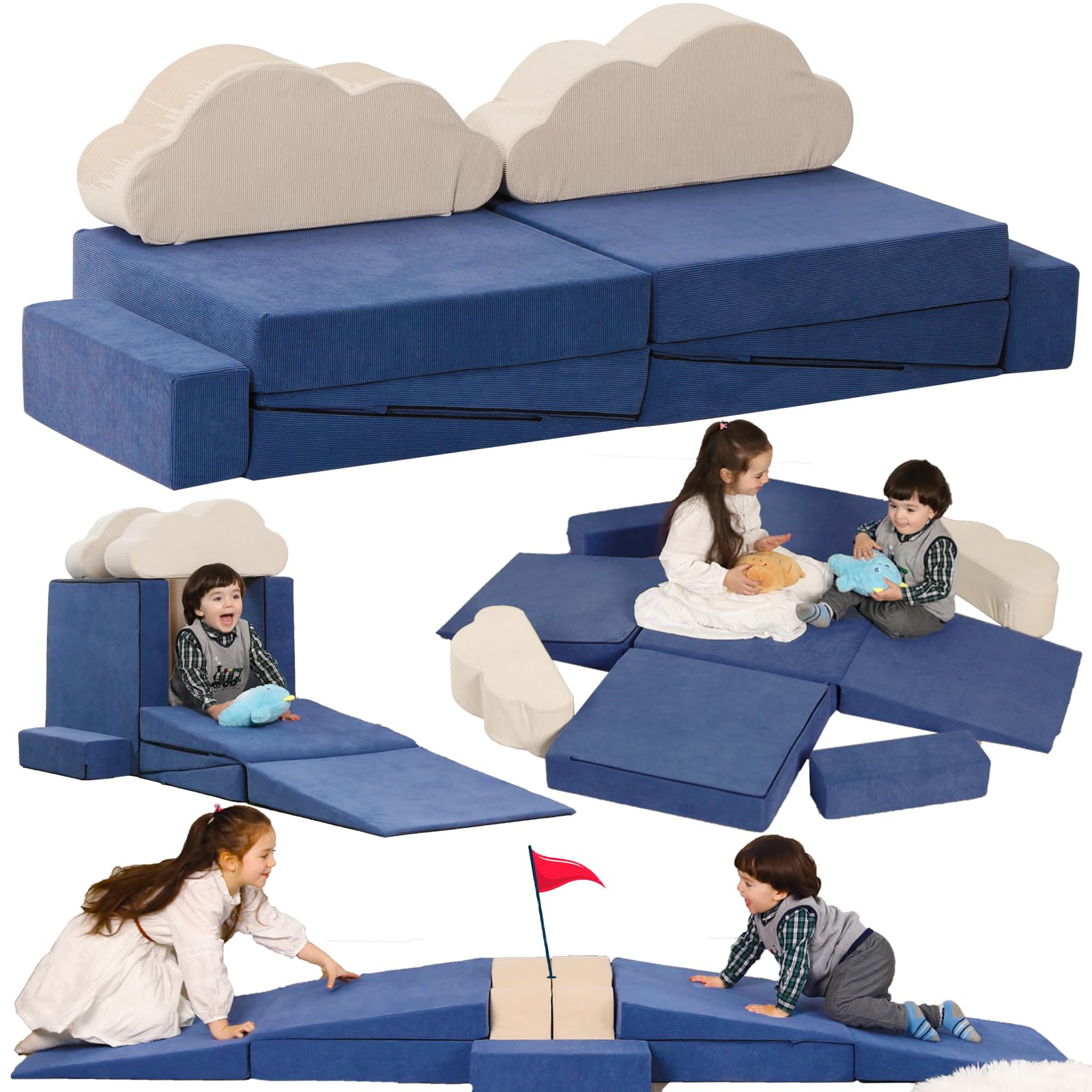 Modular Kids Play Couch, Indoor Climbing Play Sets for Toddler,Blue Convertible Kids Sofa, Imaginative and Creative Playroom Furniture Sets, Toddler Play Couch with Two Cloud Pillow
