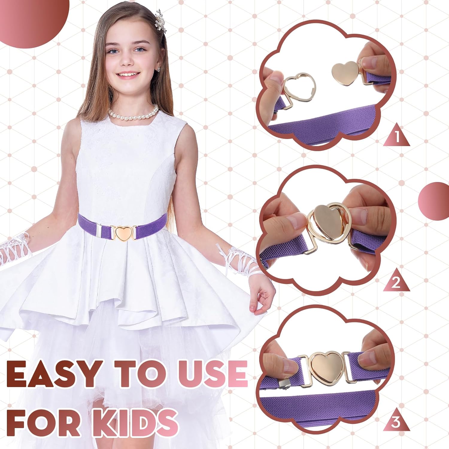 2Pcs Girls Belt, Elastic Belt, Adjustable Stretch Pink and Purple Waist Belts with Heart Buckle for Kids Teen Girls Women Pants Jeans Dress - Image 4