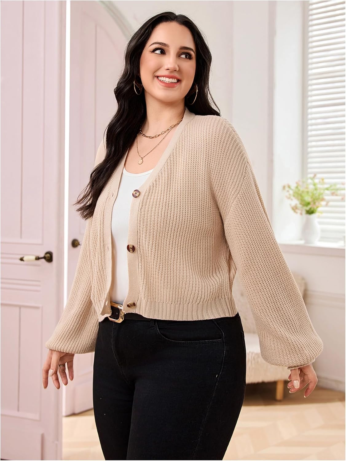 Floerns Women's Plus Size Button Down Cardigan Sweater V Neck Long Sleeve Knitwear - Image 5