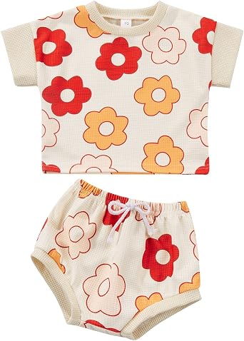 Madjtlqy Baby Girls Outfit Set Summer Flower Printing Short Sleeve T-Shirt Tops + Elastic Waist Shorts Set