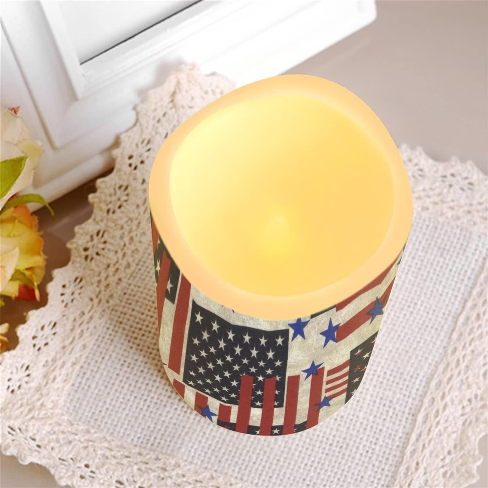 DISNIMO Velas LED sin llama con parpadeo de la bandera americana, velas de pilar de cera LED eléctricas para exteriores, para exteriores, decoración de festivales, etc