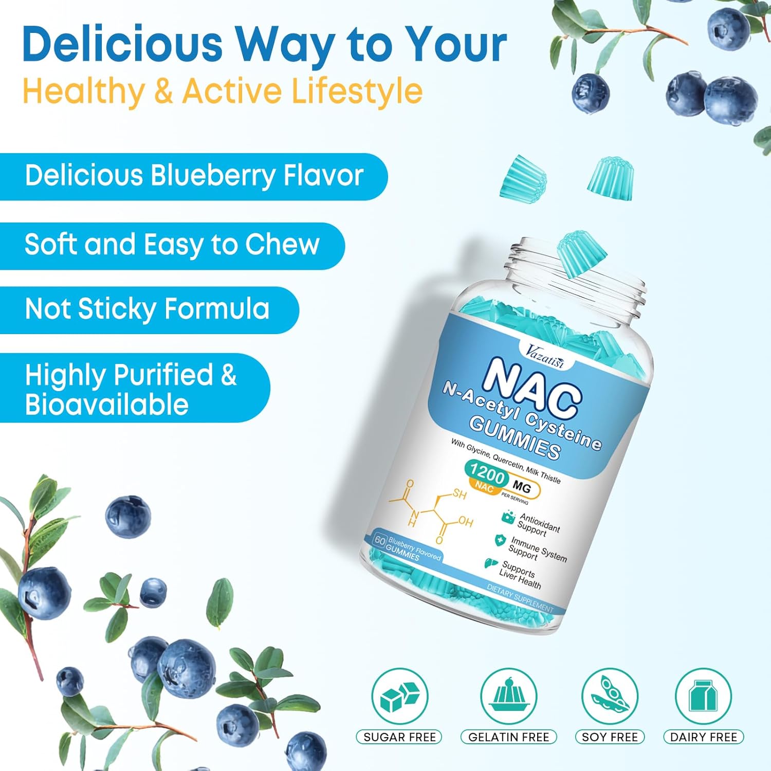 NAC Gummies, NAC Supplement with Milk Thistle, Selenium, B6, B12 - Antioxidant, Immune Support - N Acetyl Cysteine 600 mg per Gummy - 2 Month Supply, 120 Cts